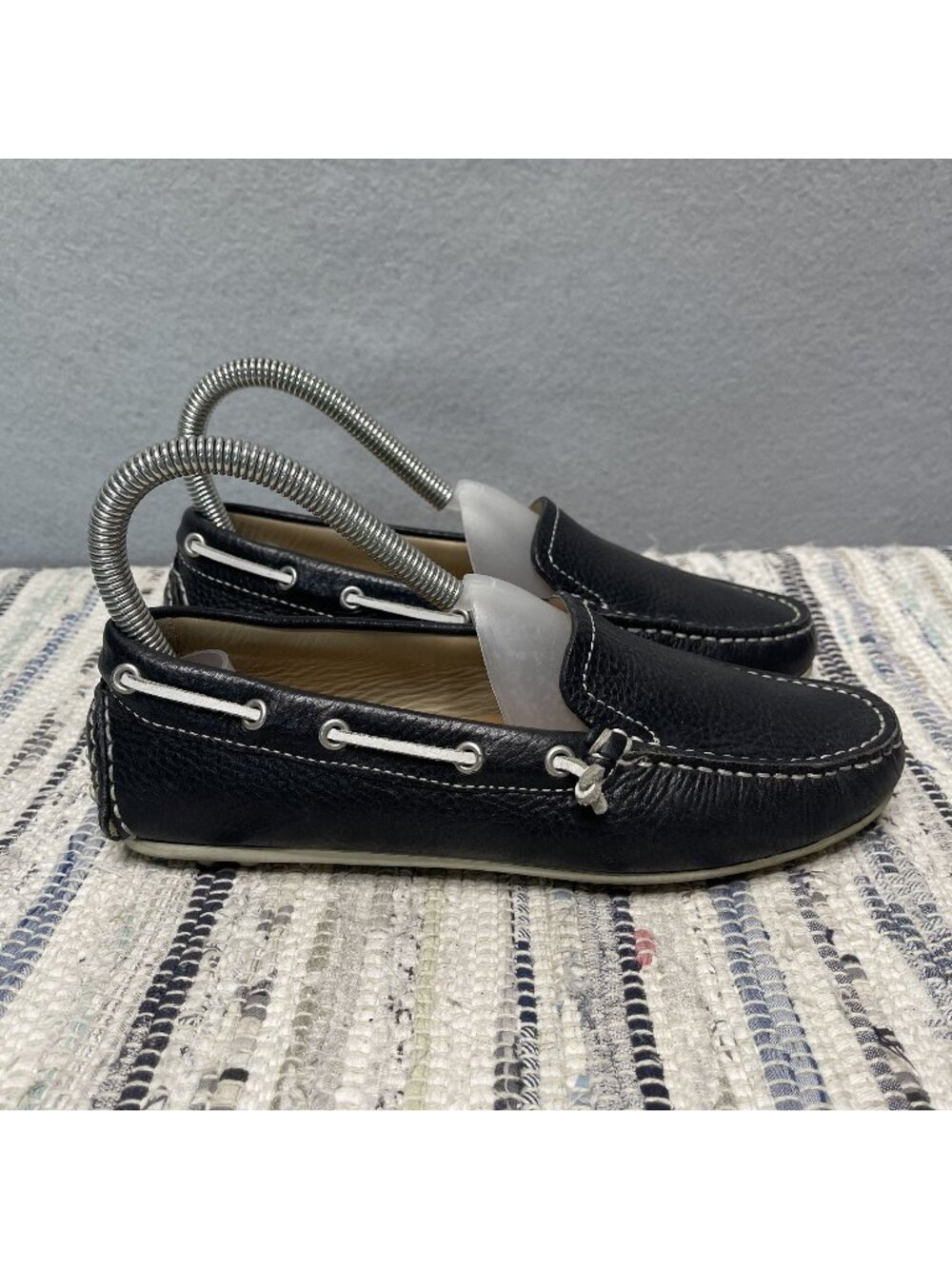 ECCO Womens Navy Pebbled Leather Moccasins With White Stitching & Laces Size 35